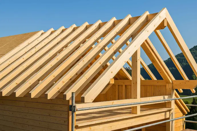 Moderner Dachstuhl aus Holz im Bau – nachhaltige Dachkonstruktion eines Einfamilienhauses in Landeck