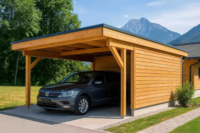 Moderner Carport aus Holz von Holzbau Plangger in Tirol – stilvoller und wetterfester Stellplatz für Ihr Fahrzeug